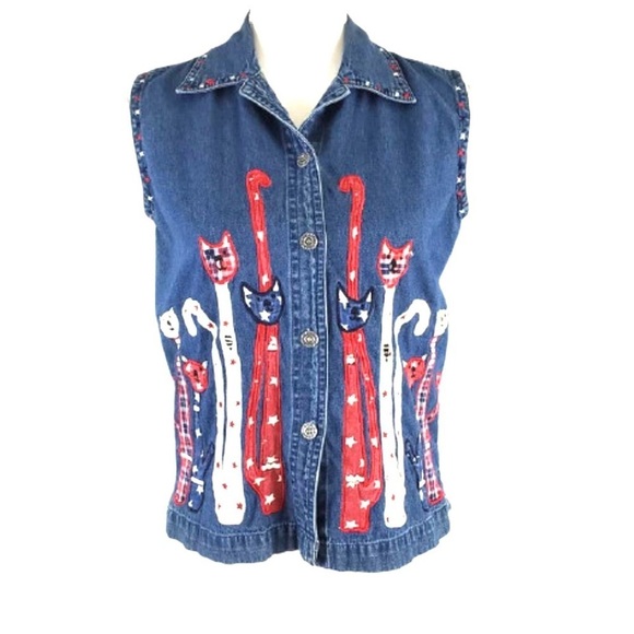 new directions Tops - New Directions Vintage Women’s Denim Cat Lady Patriotic Sleeveless top Size M